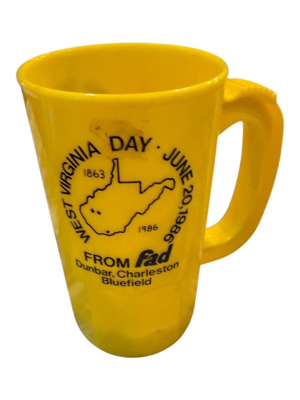 Vintage 1986 Super Mug West Virginia Day Plastic Souvenir Mug Yellow